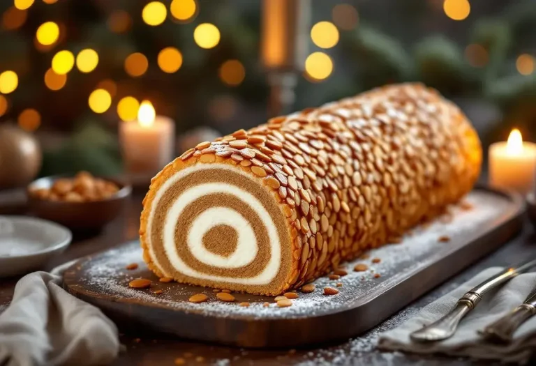 Bûche roulée de Noël façon Philippe Etchebest : praliné maison, ganache montée et croustillant d’amandes sous robe dorée