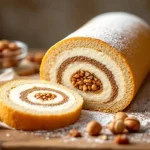 Ce roulé au praliné cache une crème mousseline irrésistible… et un croustillant de noisettes qui fait vraiment craquer