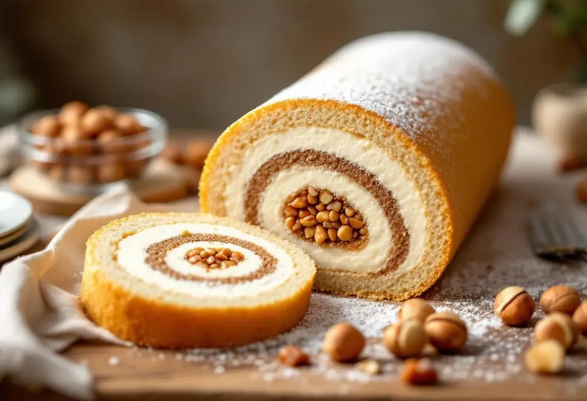 Ce roulé au praliné cache une crème mousseline irrésistible… et un croustillant de noisettes qui fait vraiment craquer