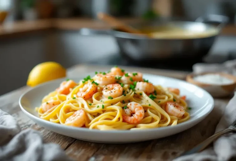 Linguine aux poireaux, crème onctueuse et crevettes gourmandes